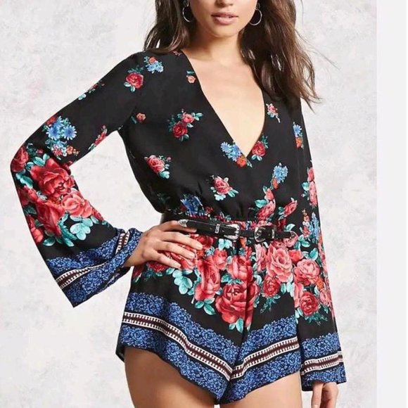 FOREVER 21 Pants - Forever 21 Black Floral Boho Lined Bell Sleeves Romper Women Size S